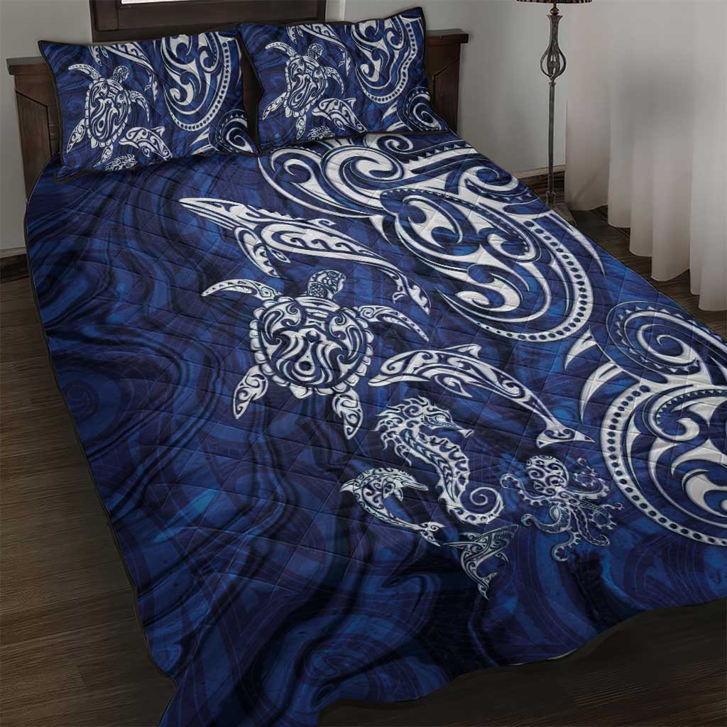 New Zealand Connecting with Seas Quilt Bed Set Maori Tribal and Sea Animals Tattoo - White Glass Style LT03 Navy - Polynesian Pride