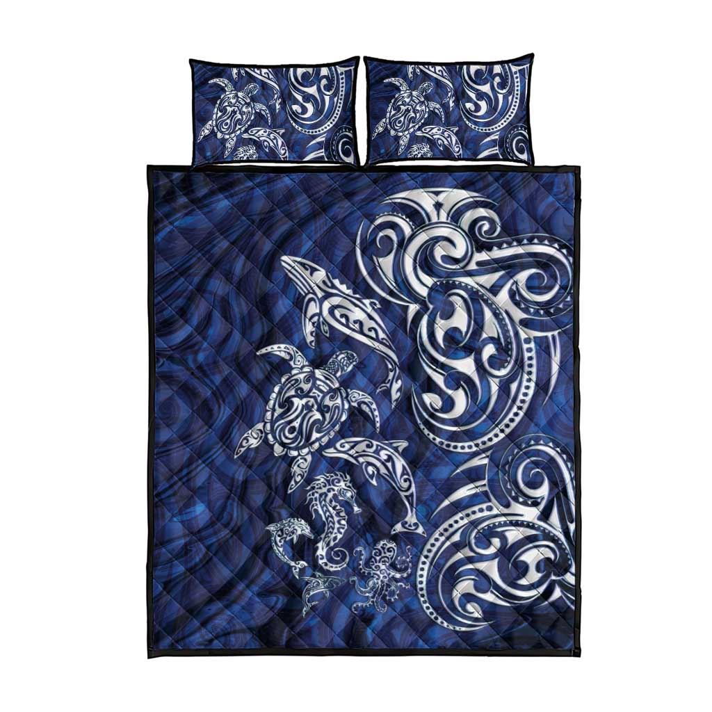 New Zealand Connecting with Seas Quilt Bed Set Maori Tribal and Sea Animals Tattoo - White Glass Style LT03 - Polynesian Pride
