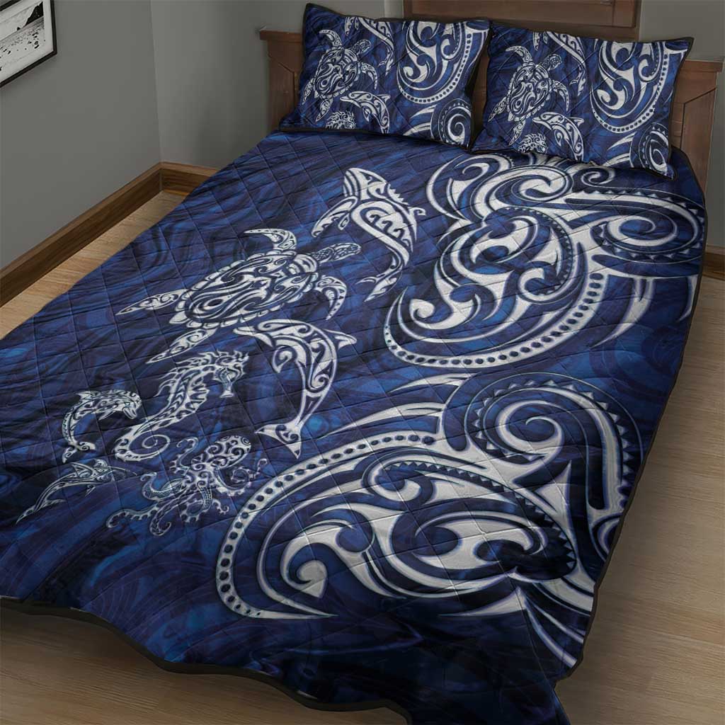 New Zealand Connecting with Seas Quilt Bed Set Maori Tribal and Sea Animals Tattoo - White Glass Style LT03 - Polynesian Pride