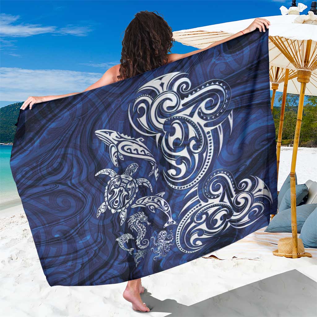 New Zealand Connecting with Seas Sarong Maori Tribal and Sea Animals Tattoo - White Glass Style LT03 One Size 44 x 66 inches Navy - Polynesian Pride