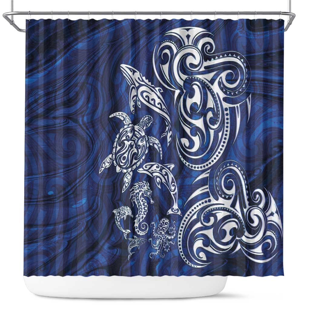 New Zealand Connecting with Seas Shower Curtain Maori Tribal and Sea Animals Tattoo - White Glass Style LT03 Navy - Polynesian Pride