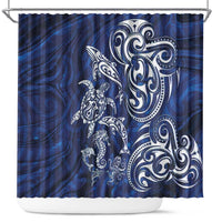New Zealand Connecting with Seas Shower Curtain Maori Tribal and Sea Animals Tattoo - White Glass Style LT03 Navy - Polynesian Pride