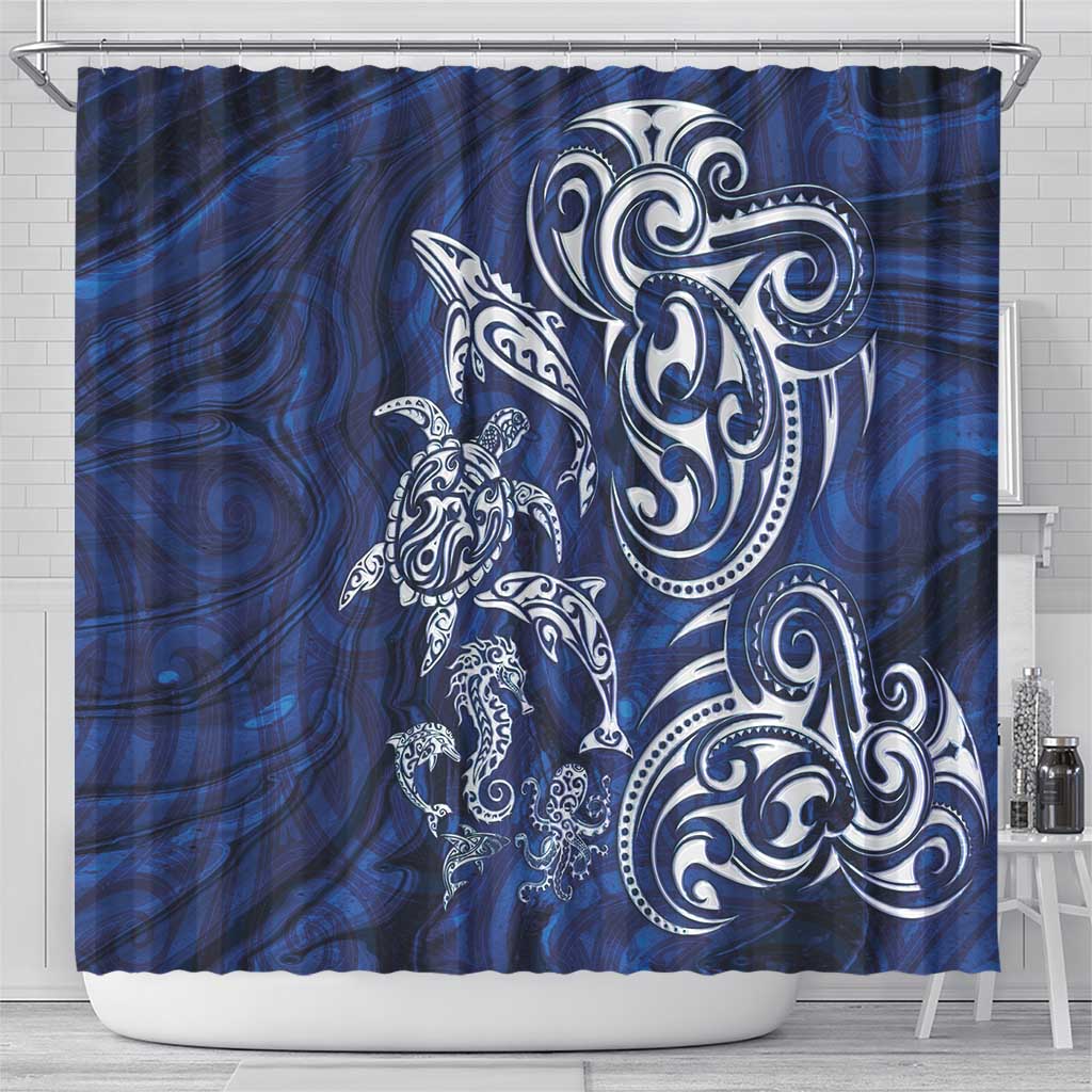 New Zealand Connecting with Seas Shower Curtain Maori Tribal and Sea Animals Tattoo - White Glass Style LT03 - Polynesian Pride