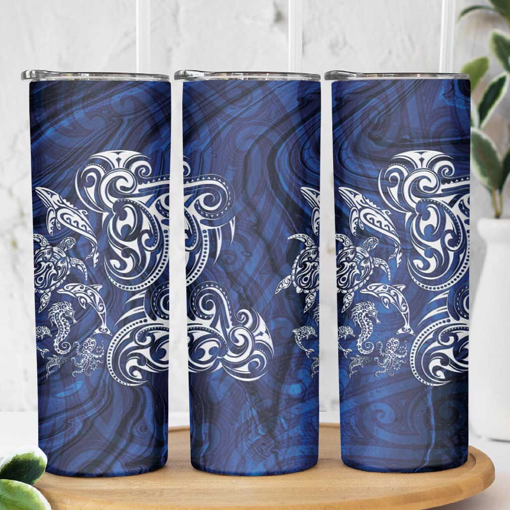 New Zealand Connecting with Seas Skinny Tumbler Maori Tribal and Sea Animals Tattoo - White Glass Style LT03 - Polynesian Pride