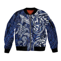 New Zealand Connecting with Seas Sleeve Zip Bomber Jacket Maori Tribal and Sea Animals Tattoo - White Glass Style LT03 Unisex Navy - Polynesian Pride