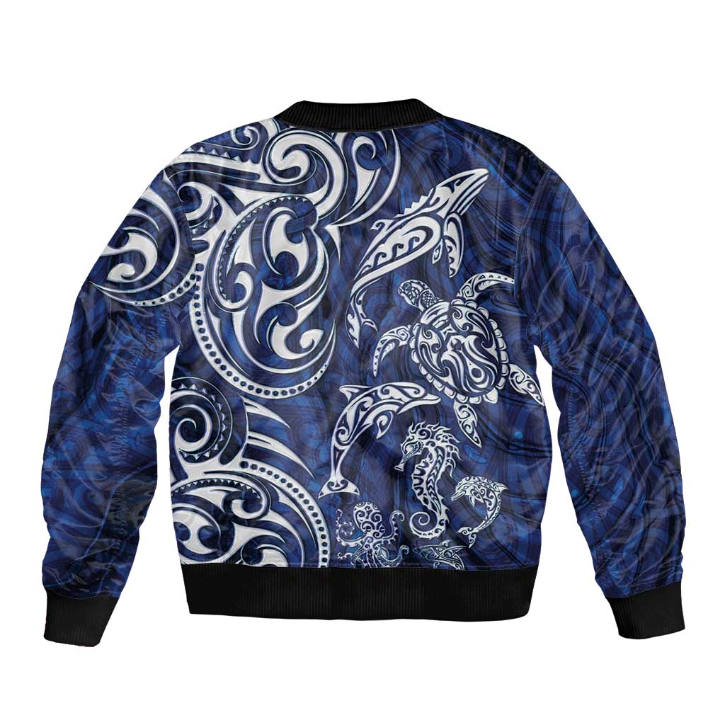 New Zealand Connecting with Seas Sleeve Zip Bomber Jacket Maori Tribal and Sea Animals Tattoo - White Glass Style LT03 - Polynesian Pride