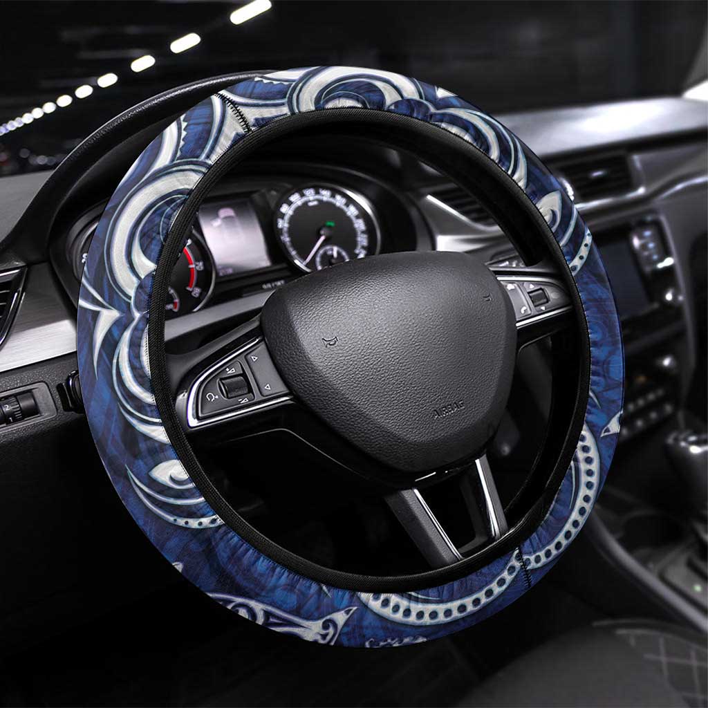 New Zealand Connecting with Seas Steering Wheel Cover Maori Tribal and Sea Animals Tattoo - White Glass Style LT03 Universal Fit Navy - Polynesian Pride