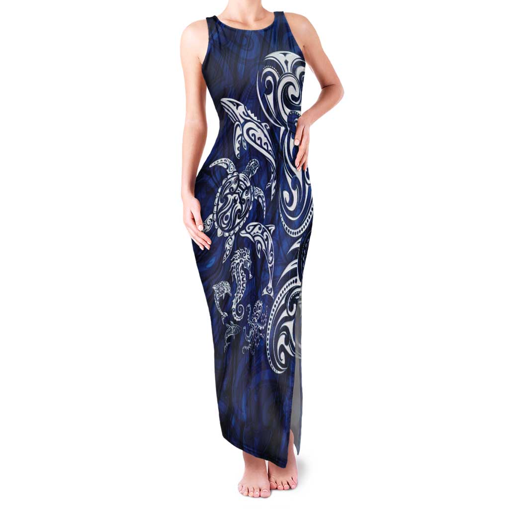 New Zealand Connecting with Seas Tank Maxi Dress Maori Tribal and Sea Animals Tattoo - White Glass Style LT03 Women Navy - Polynesian Pride