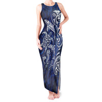 New Zealand Connecting with Seas Tank Maxi Dress Maori Tribal and Sea Animals Tattoo - White Glass Style LT03 Women Navy - Polynesian Pride