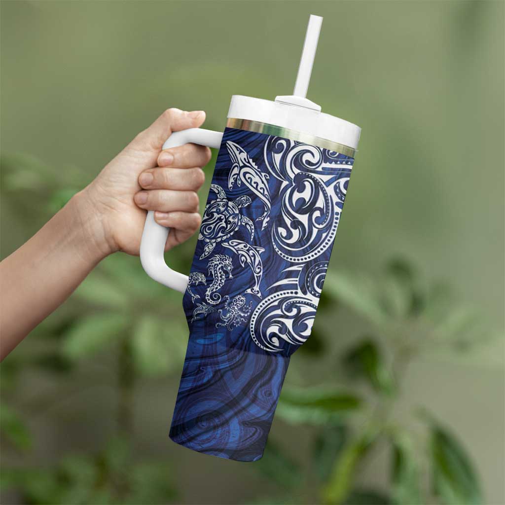 New Zealand Connecting with Seas Tumbler With Handle Maori Tribal and Sea Animals Tattoo - White Glass Style LT03 - Polynesian Pride