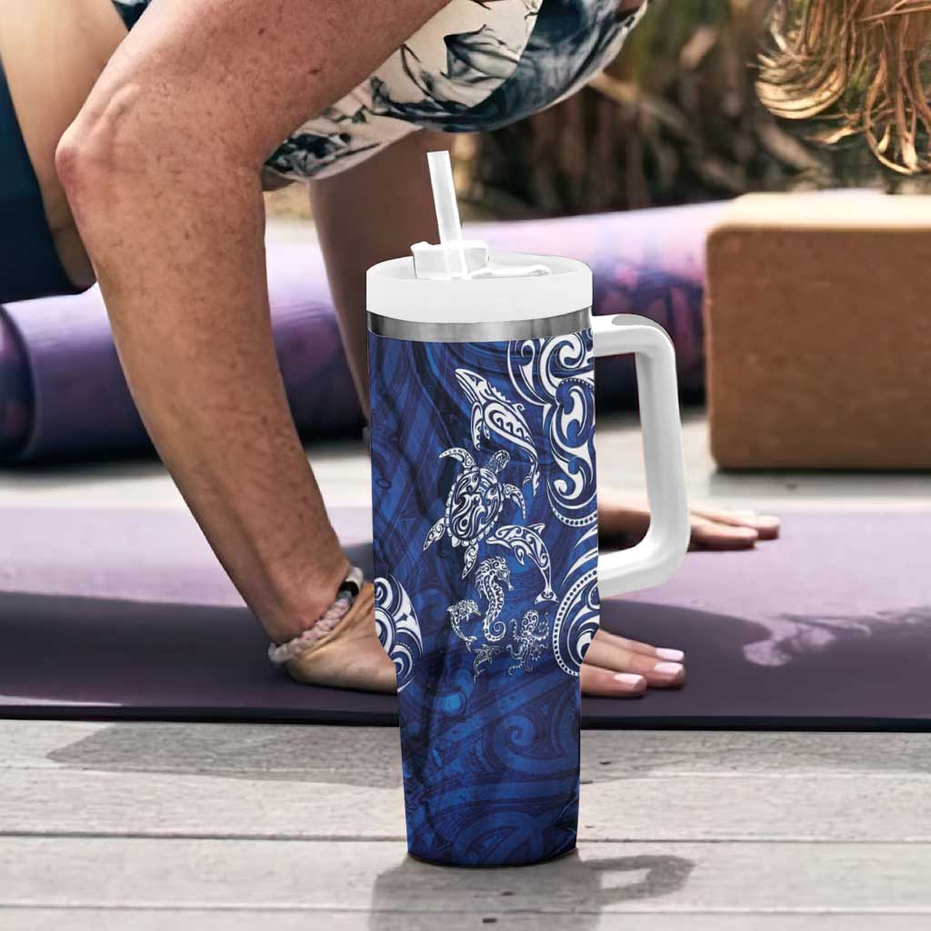 New Zealand Connecting with Seas Tumbler With Handle Maori Tribal and Sea Animals Tattoo - White Glass Style LT03 - Polynesian Pride