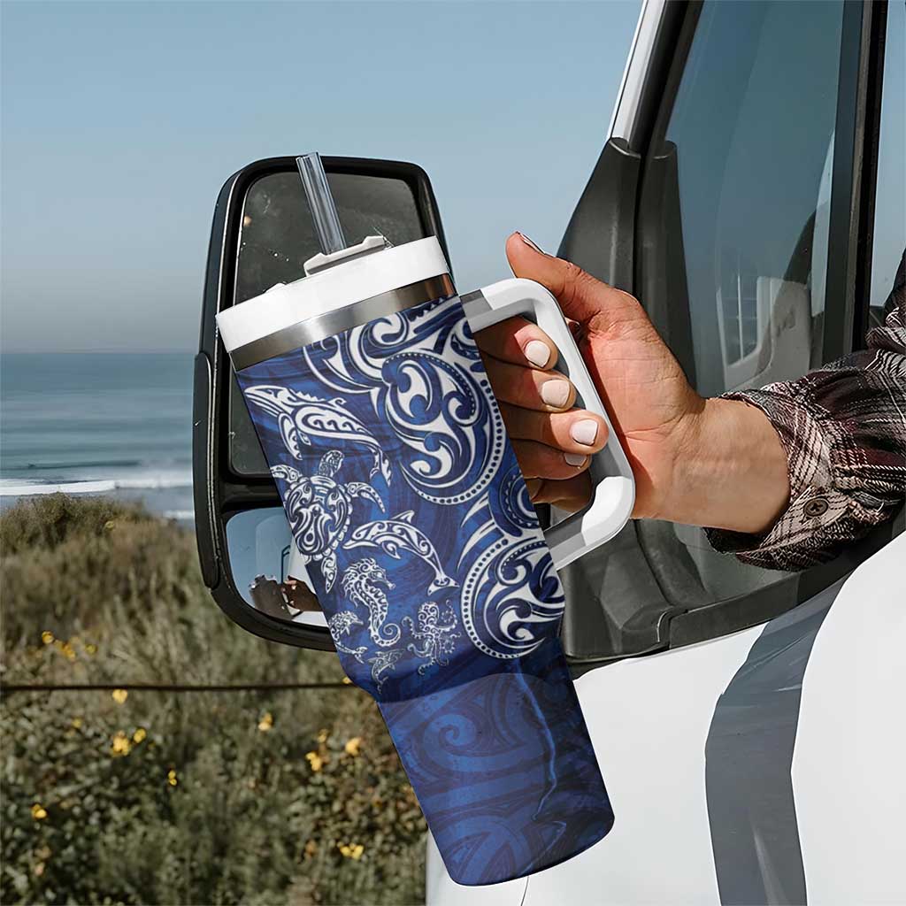 New Zealand Connecting with Seas Tumbler With Handle Maori Tribal and Sea Animals Tattoo - White Glass Style LT03 - Polynesian Pride