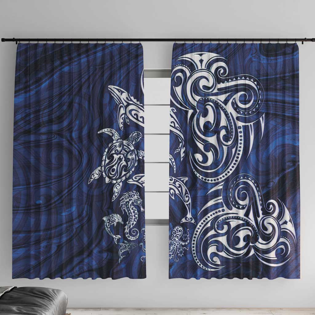 New Zealand Connecting with Seas Window Curtain Maori Tribal and Sea Animals Tattoo - White Glass Style LT03 With Hooks Navy - Polynesian Pride
