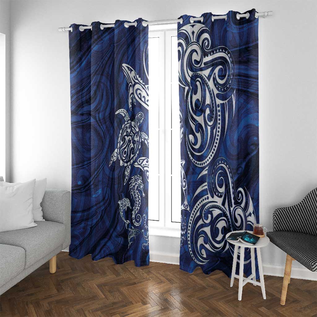 New Zealand Connecting with Seas Window Curtain Maori Tribal and Sea Animals Tattoo - White Glass Style LT03 With Grommets Navy - Polynesian Pride