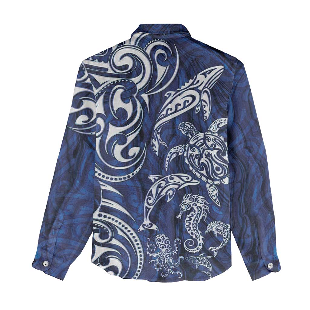 New Zealand Connecting with Seas Women Casual Shirt Maori Tribal and Sea Animals Tattoo - White Glass Style LT03 - Polynesian Pride