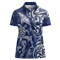 New Zealand Connecting with Seas Women Polo Shirt Maori Tribal and Sea Animals Tattoo - White Glass Style