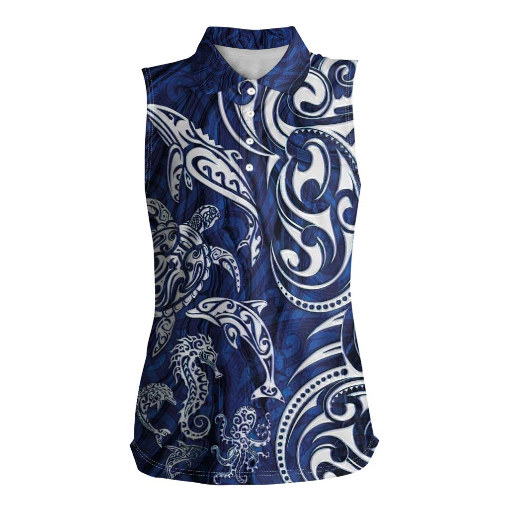 New Zealand Connecting with Seas Women Sleeveless Polo Shirt Maori Tribal and Sea Animals Tattoo - White Glass Style