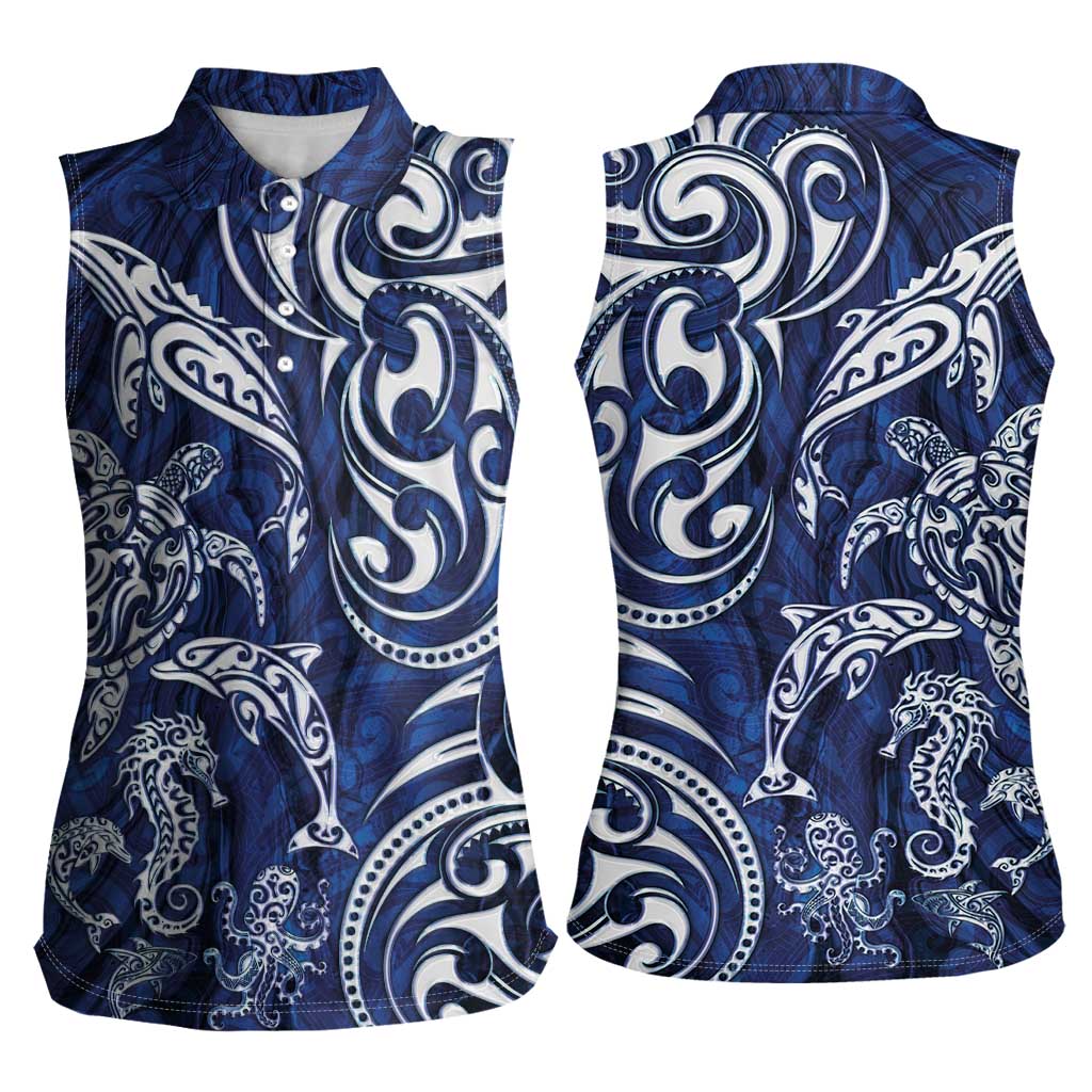 New Zealand Connecting with Seas Women Sleeveless Polo Shirt Maori Tribal and Sea Animals Tattoo - White Glass Style