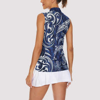 New Zealand Connecting with Seas Women Sleeveless Polo Shirt Maori Tribal and Sea Animals Tattoo - White Glass Style