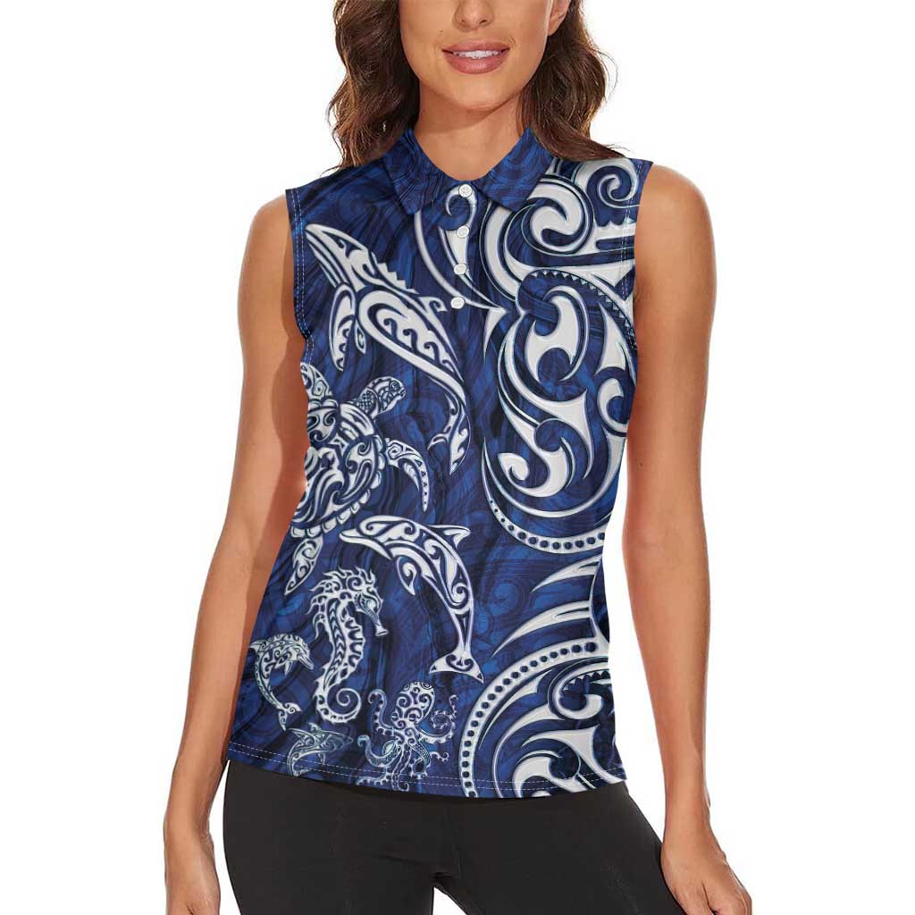 New Zealand Connecting with Seas Women Sleeveless Polo Shirt Maori Tribal and Sea Animals Tattoo - White Glass Style