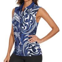 New Zealand Connecting with Seas Women Sleeveless Polo Shirt Maori Tribal and Sea Animals Tattoo - White Glass Style