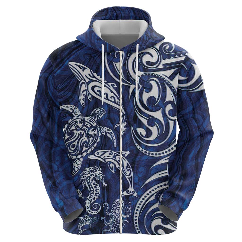 New Zealand Connecting with Seas Zip Hoodie Maori Tribal and Sea Animals Tattoo - White Glass Style LT03 - Polynesian Pride