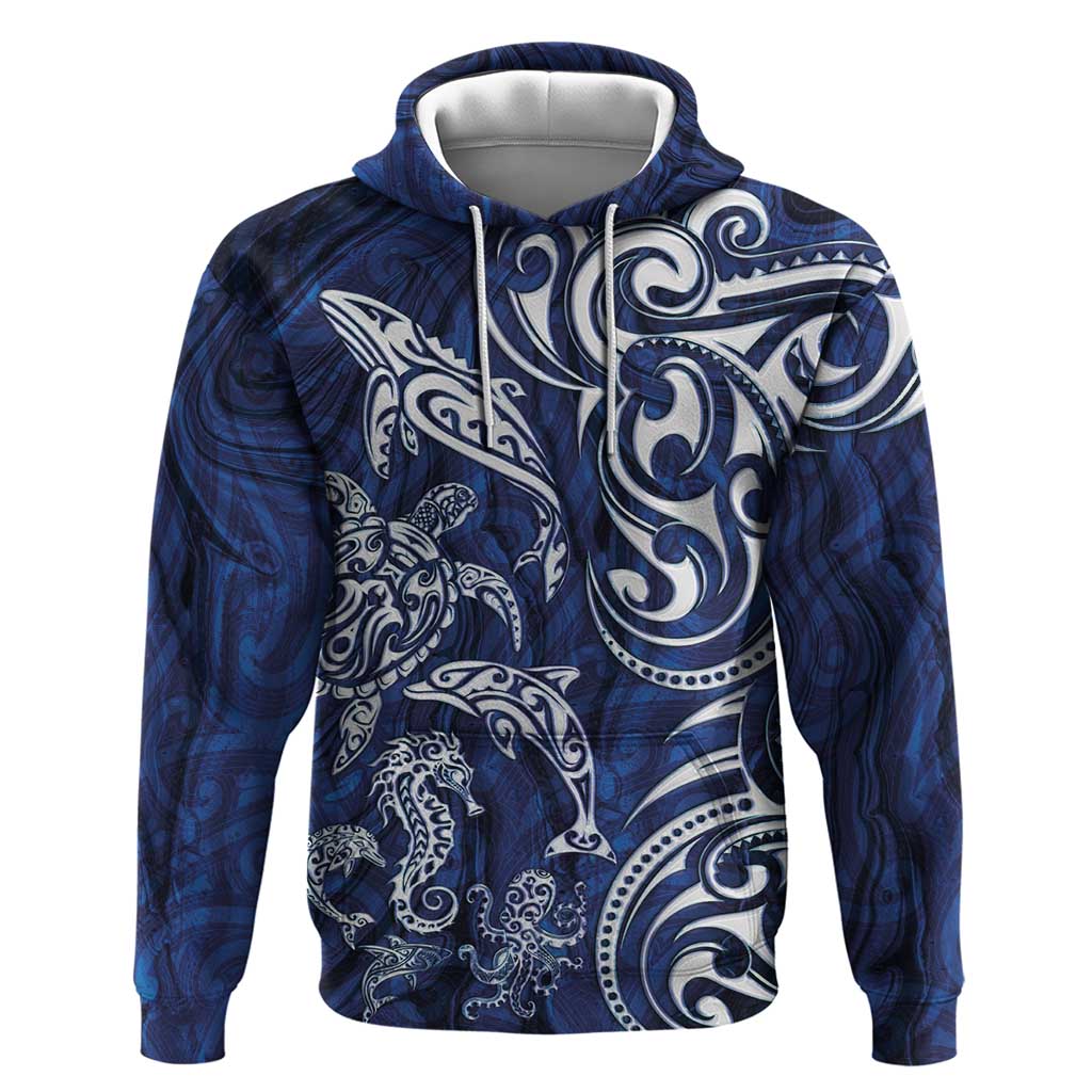 New Zealand Connecting with Seas Zip Hoodie Maori Tribal and Sea Animals Tattoo - White Glass Style LT03 Pullover Hoodie Navy - Polynesian Pride