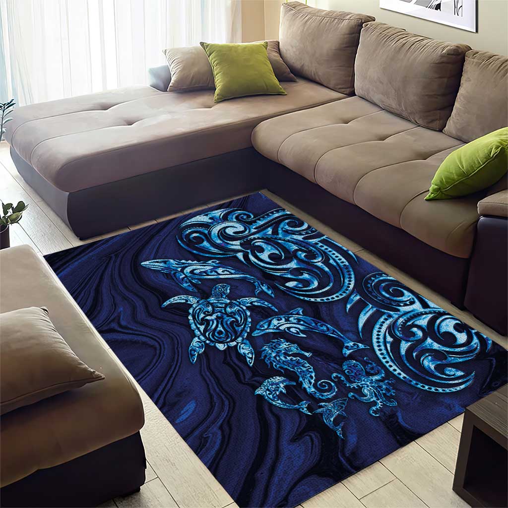 New Zealand Connecting with Seas Area Rug Maori Tribal and Sea Animals Tattoo - Sea Texture Glass Style LT03 - Polynesian Pride