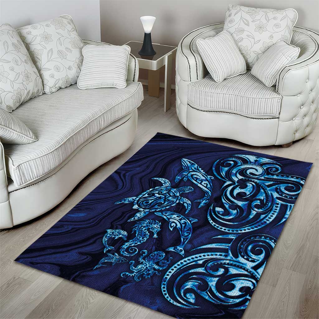 New Zealand Connecting with Seas Area Rug Maori Tribal and Sea Animals Tattoo - Sea Texture Glass Style LT03 - Polynesian Pride