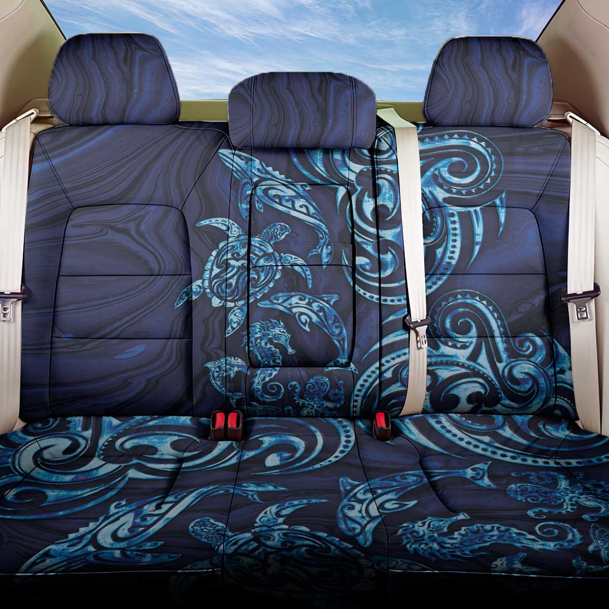 New Zealand Connecting with Seas Back Car Seat Cover Maori Tribal and Sea Animals Tattoo - Sea Texture Glass Style LT03 One Size Navy - Polynesian Pride