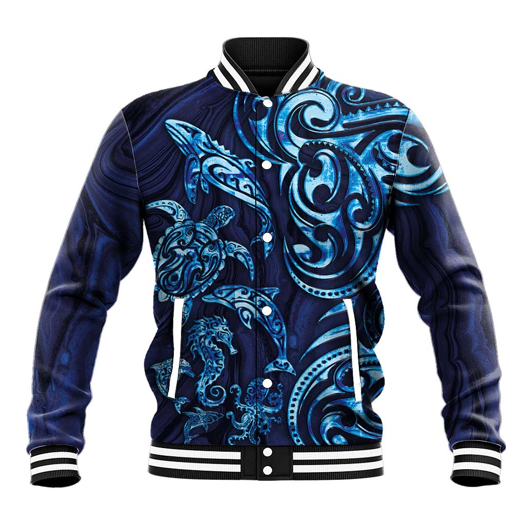 New Zealand Connecting with Seas Baseball Jacket Maori Tribal and Sea Animals Tattoo - Sea Texture Glass Style