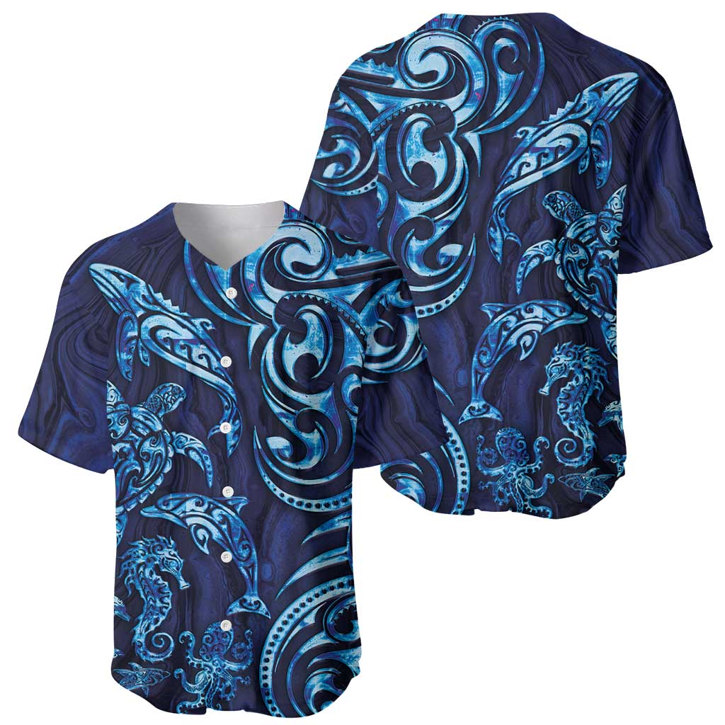 New Zealand Connecting with Seas Baseball Jersey Maori Tribal and Sea Animals Tattoo - Sea Texture Glass Style LT03 - Polynesian Pride