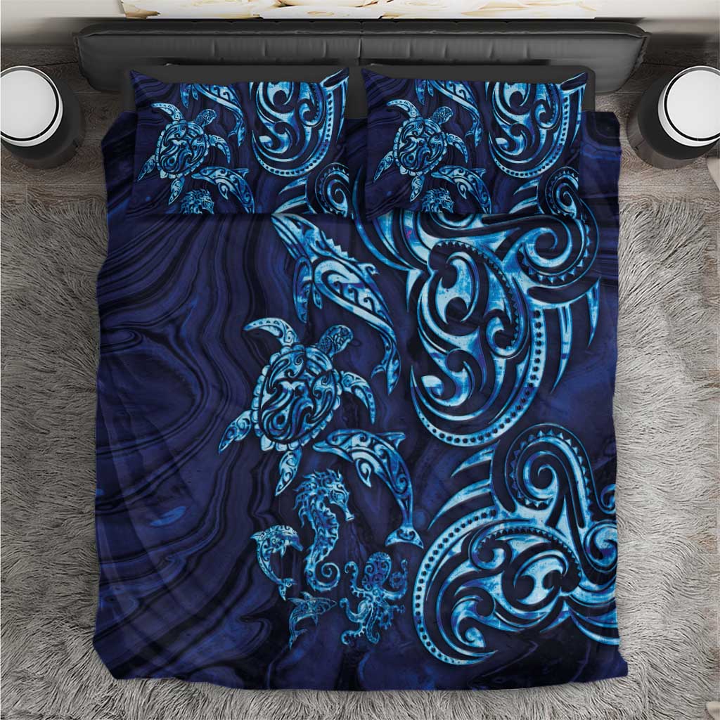 New Zealand Connecting with Seas Bedding Set Maori Tribal and Sea Animals Tattoo - Sea Texture Glass Style LT03 Navy - Polynesian Pride