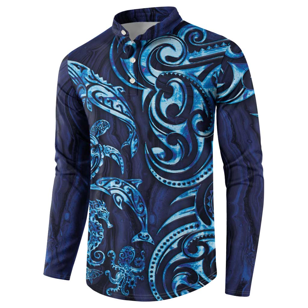 New Zealand Connecting with Seas Button Sweatshirt Maori Tribal and Sea Animals Tattoo - Sea Texture Glass Style LT03 - Polynesian Pride