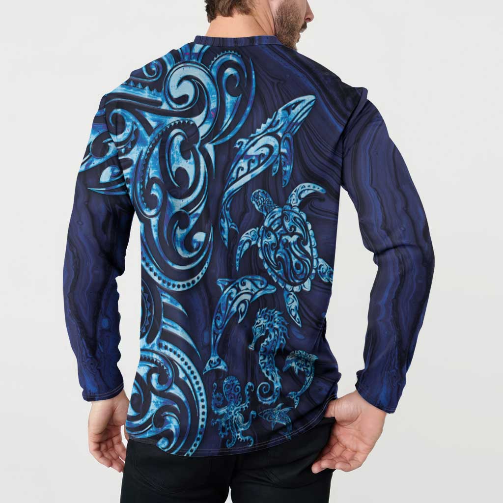 New Zealand Connecting with Seas Button Sweatshirt Maori Tribal and Sea Animals Tattoo - Sea Texture Glass Style LT03 - Polynesian Pride
