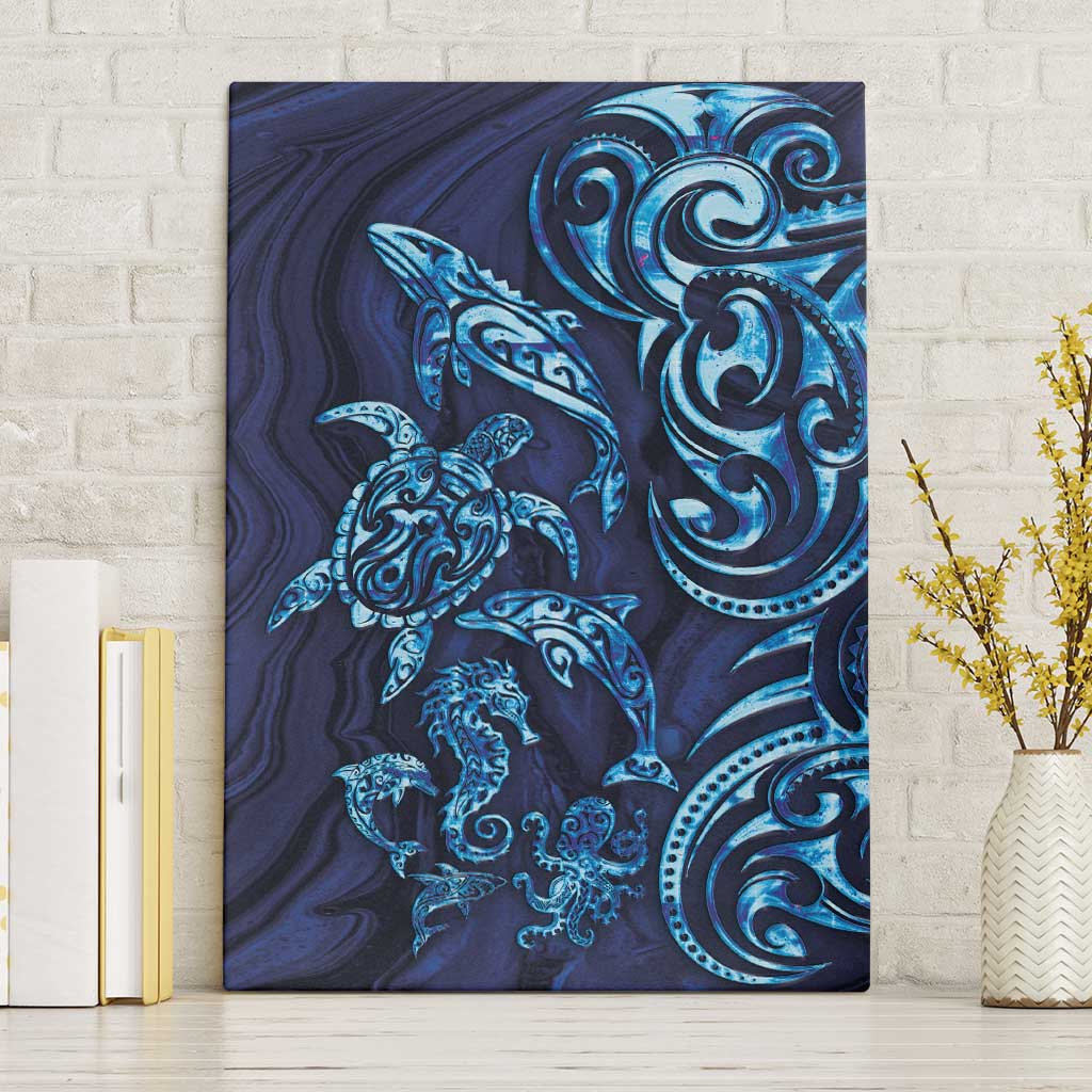 New Zealand Connecting with Seas Canvas Wall Art Maori Tribal and Sea Animals Tattoo - Sea Texture Glass Style LT03 Without Frame Navy - Polynesian Pride
