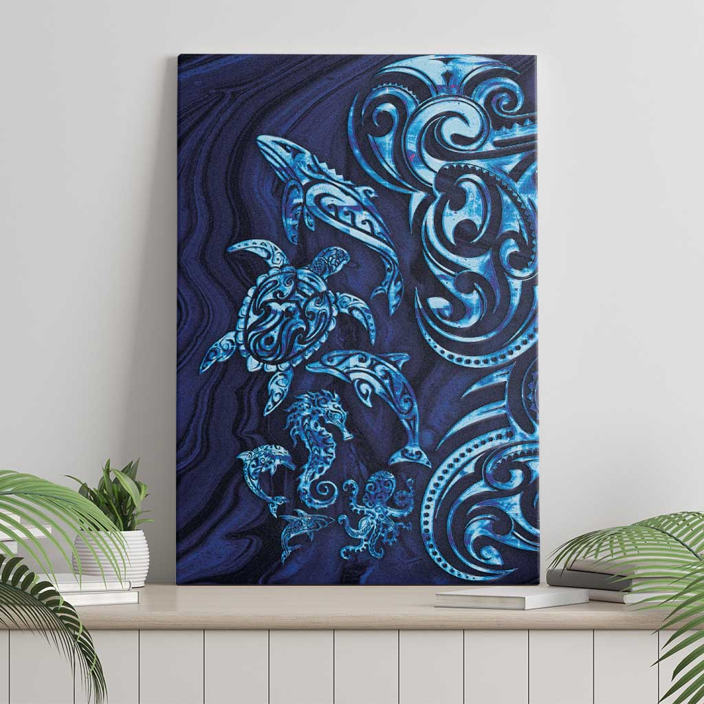 New Zealand Connecting with Seas Canvas Wall Art Maori Tribal and Sea Animals Tattoo - Sea Texture Glass Style LT03 - Polynesian Pride