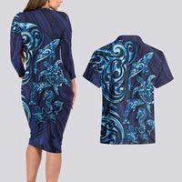 New Zealand Connecting with Seas Couples Matching Long Sleeve Bodycon Dress and Hawaiian Shirt Maori Tribal and Sea Animals Tattoo - Sea Texture Glass Style LT03 - Polynesian Pride