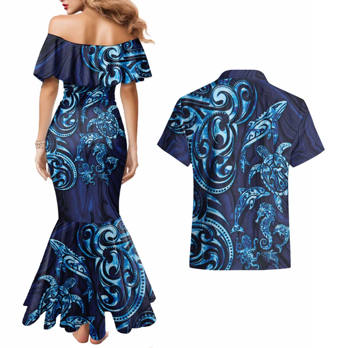 New Zealand Connecting with Seas Couples Matching Mermaid Dress and Hawaiian Shirt Maori Tribal and Sea Animals Tattoo - Sea Texture Glass Style LT03 - Polynesian Pride