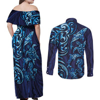New Zealand Connecting with Seas Couples Matching Off Shoulder Maxi Dress and Long Sleeve Button Shirt Maori Tribal and Sea Animals Tattoo - Sea Texture Glass Style LT03 - Polynesian Pride