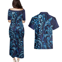 New Zealand Connecting with Seas Couples Matching Puletasi and Hawaiian Shirt Maori Tribal and Sea Animals Tattoo - Sea Texture Glass Style LT03 - Polynesian Pride