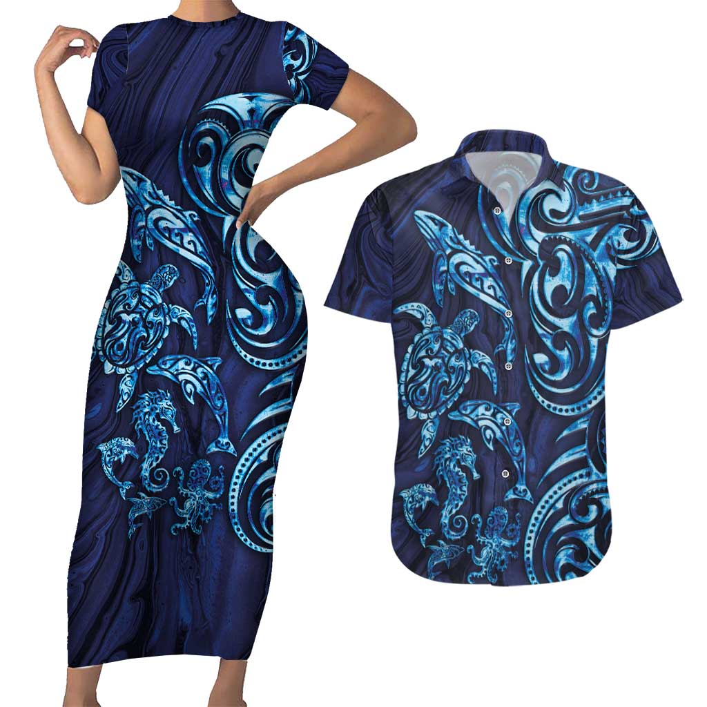 New Zealand Connecting with Seas Couples Matching Short Sleeve Bodycon Dress and Hawaiian Shirt Maori Tribal and Sea Animals Tattoo - Sea Texture Glass Style LT03 Navy - Polynesian Pride