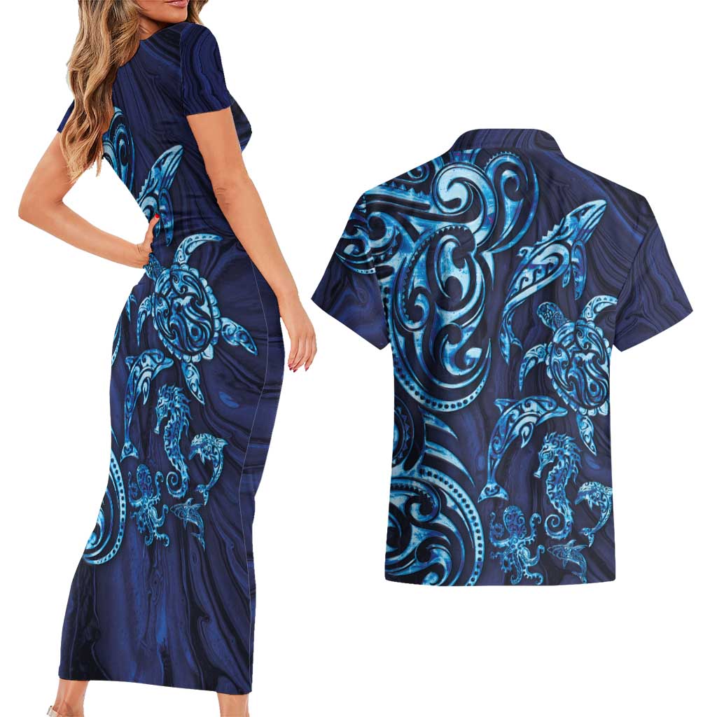New Zealand Connecting with Seas Couples Matching Short Sleeve Bodycon Dress and Hawaiian Shirt Maori Tribal and Sea Animals Tattoo - Sea Texture Glass Style LT03 - Polynesian Pride