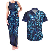 New Zealand Connecting with Seas Couples Matching Tank Maxi Dress and Hawaiian Shirt Maori Tribal and Sea Animals Tattoo - Sea Texture Glass Style LT03 Navy - Polynesian Pride