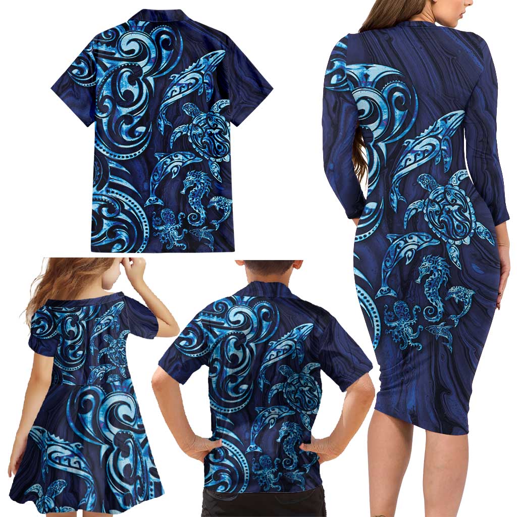 New Zealand Connecting with Seas Family Matching Long Sleeve Bodycon Dress and Hawaiian Shirt Maori Tribal and Sea Animals Tattoo - Sea Texture Glass Style LT03 - Polynesian Pride