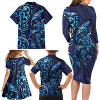 New Zealand Connecting with Seas Family Matching Long Sleeve Bodycon Dress and Hawaiian Shirt Maori Tribal and Sea Animals Tattoo - Sea Texture Glass Style LT03 - Polynesian Pride