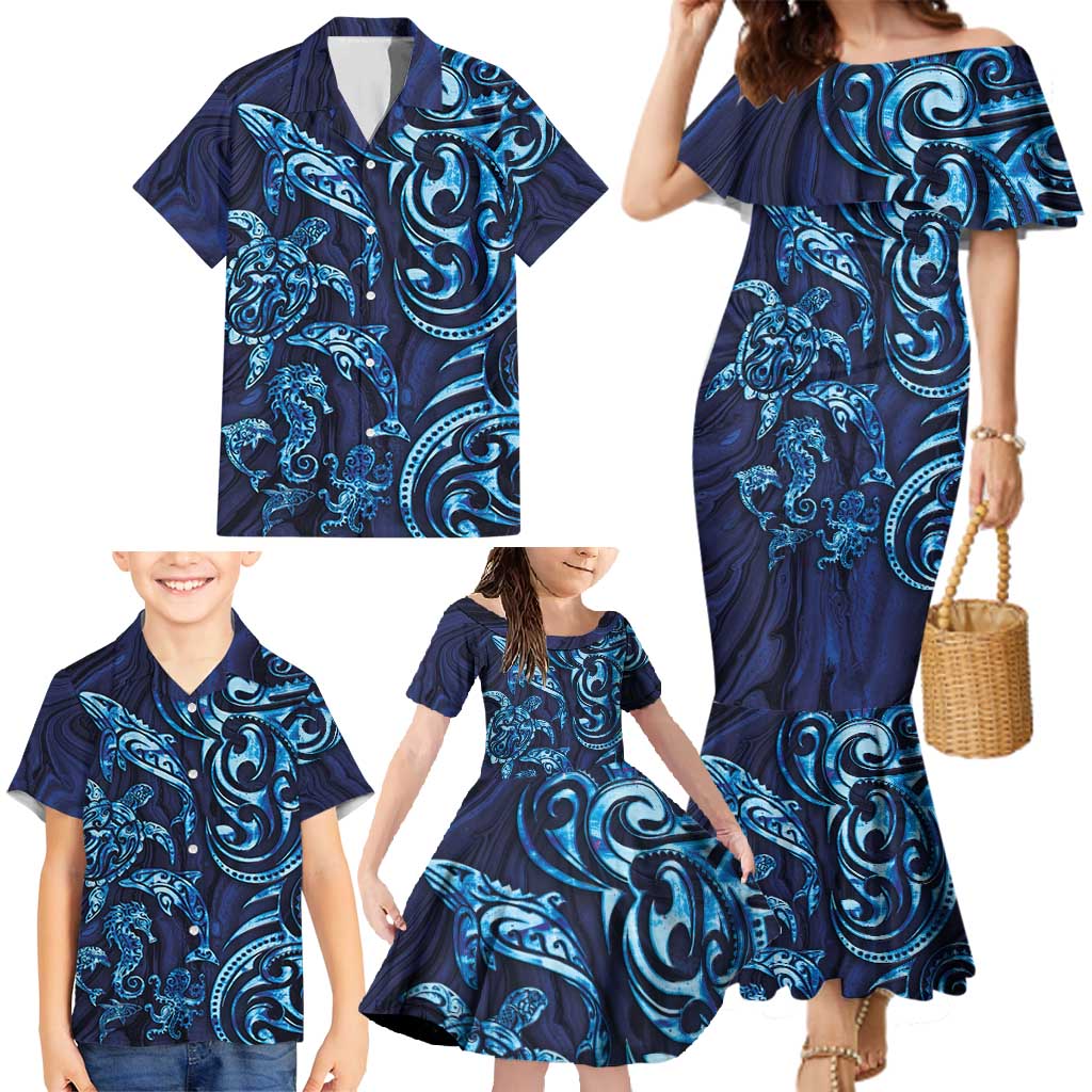 New Zealand Connecting with Seas Family Matching Mermaid Dress and Hawaiian Shirt Maori Tribal and Sea Animals Tattoo - Sea Texture Glass Style LT03 - Polynesian Pride