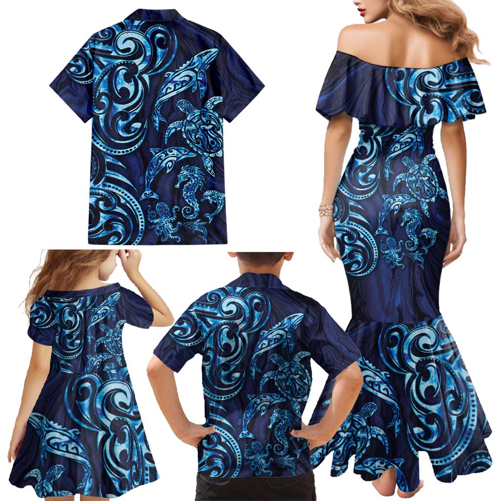New Zealand Connecting with Seas Family Matching Mermaid Dress and Hawaiian Shirt Maori Tribal and Sea Animals Tattoo - Sea Texture Glass Style LT03 - Polynesian Pride