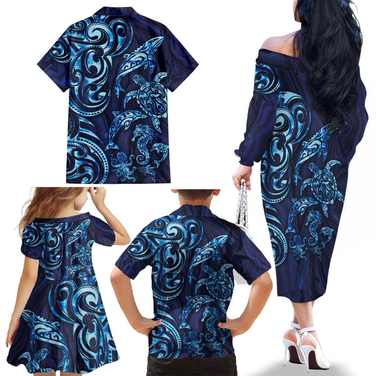 New Zealand Connecting with Seas Family Matching Off The Shoulder Long Sleeve Dress and Hawaiian Shirt Maori Tribal and Sea Animals Tattoo - Sea Texture Glass Style LT03 - Polynesian Pride