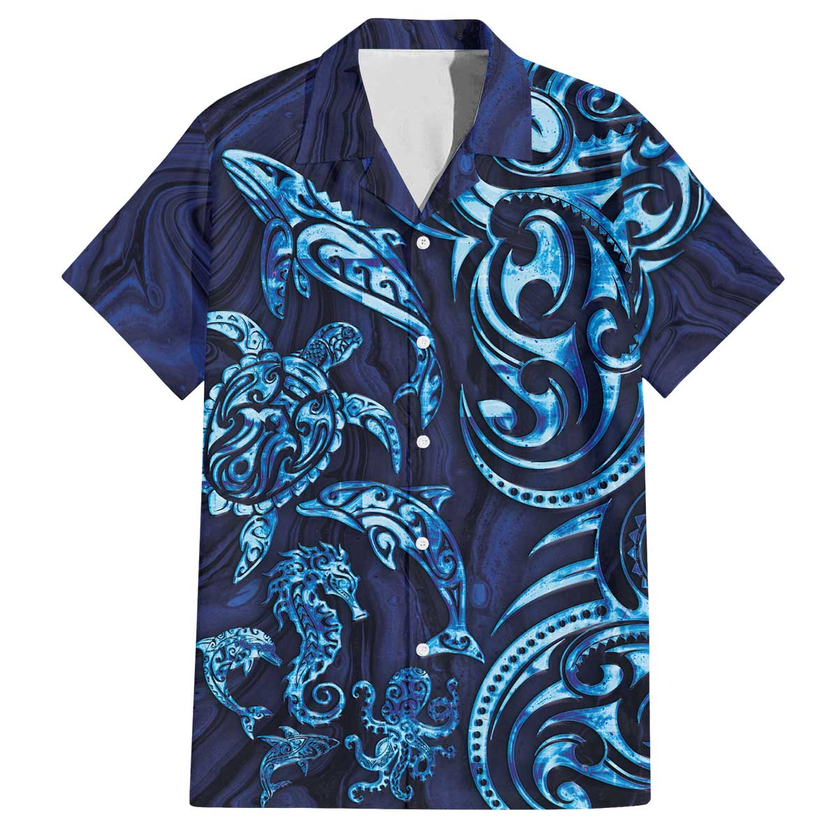 New Zealand Connecting with Seas Family Matching Off The Shoulder Long Sleeve Dress and Hawaiian Shirt Maori Tribal and Sea Animals Tattoo - Sea Texture Glass Style LT03 Dad's Shirt - Short Sleeve Navy - Polynesian Pride